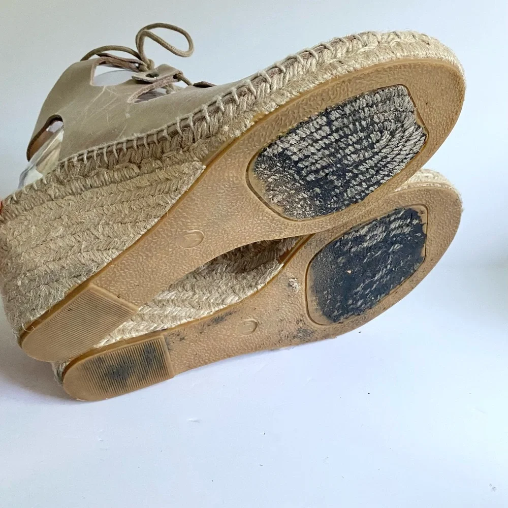 Anthropologie Carmen Saiz Leather Espadrille Wedge Sandals Strappy Gladiator Tan